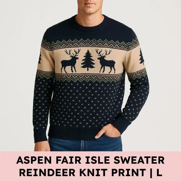 Aspen Fair Isle Reindeer Cotton Sweater Crewneck Men’s Large Navy Cozy Scandi - Picture 1 of 8